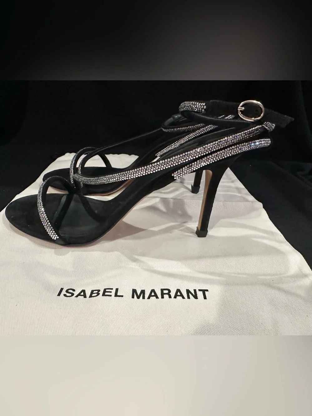 Isabel Marant Strassy Black Rhinestone Strap High Heel Sandals 40 made in Italy - Picture 11 of 16